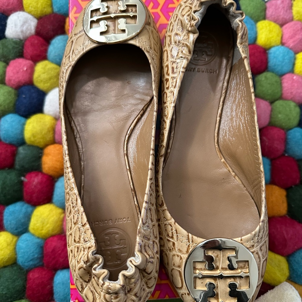 Tory Burch Tan Flats with Metallic Embellishment